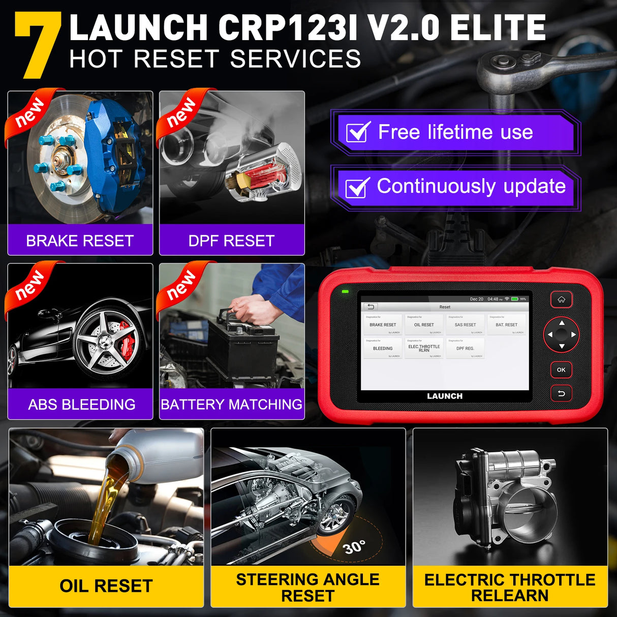 LAUNCH CRP123I V2.0 OBD2 Scanner – Quad-System Diagnostic Tool, 7 Reset Functions, Free Lifetime Update